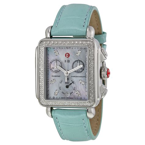 Michele Deco Grey Mother Of Pearl Dial Blue Leather Ladies Watch