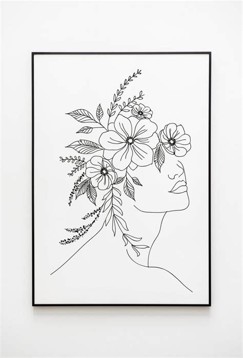 Woman Portrait Line Art Elegant Female With Flowers Print Etsy Line