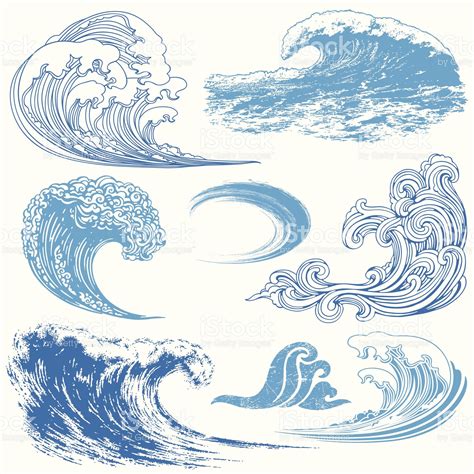 Collection Of Waves In Different Techniques Wave Drawing Vector Art