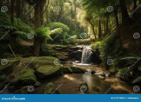 Forest Oasis with Running Stream and Waterfall, Surrounded by Lush