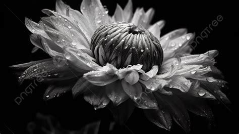 Black And White Image Of A Flower With Water Droplets Background
