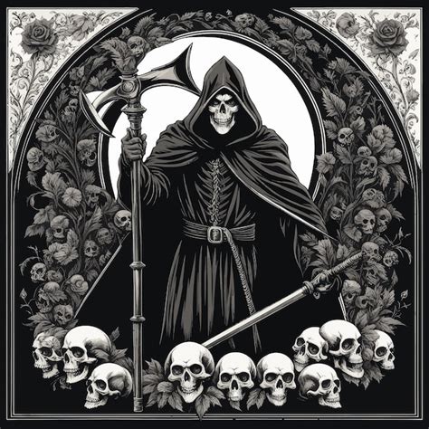 Premium Vector Grim Reaper Holding Scythe Surrounded By Skulls On Black