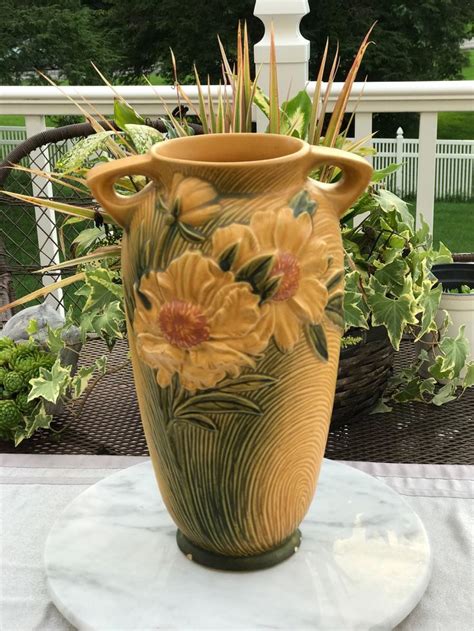 Vintage Roseville Art Pottery Yellow Peony Vase 67 12 1940s Etsy