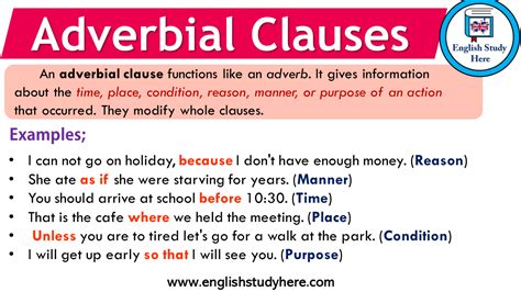Another dependent clause, adverbial clauses function like an adverb, indicating time, place, condition, contrast, concession, reason, purpose, or result. What Is An Adverb Clause Definition - slideshare
