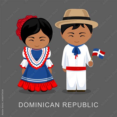 Dominicans In National Dress With A Flag Man And Woman In Traditional Costume Travel To