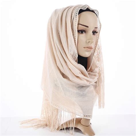 Womens Hijabs Muslim Scarf Ultra Thin Lace Tassel Arab Headscarf