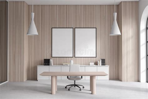Light Wooden And White Office With Table And Posters Stock Illustration
