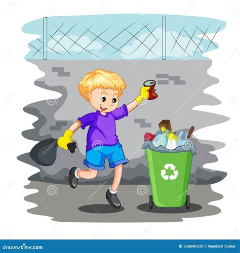 Cute Little Boy Throwing Garbage In The Trash Bin Vector Illustration