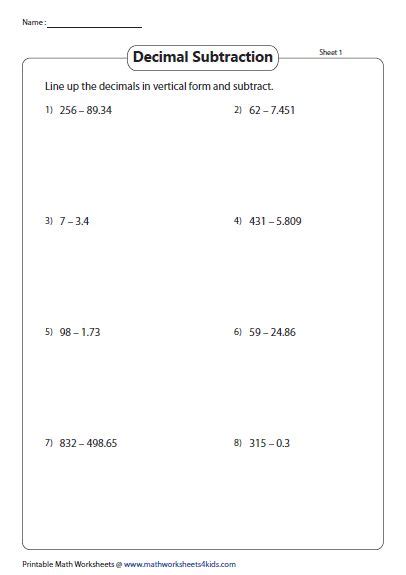 Subtract Decimals From Whole Numbers In Vertical Form Subtracting