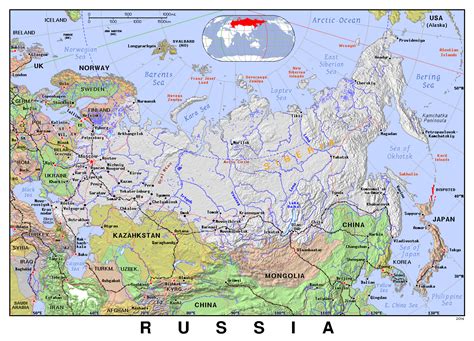 Detailed Political Map Of Russia With Relief Maps Of