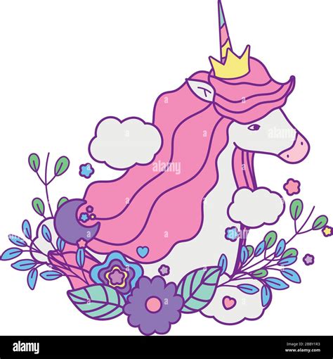 Unicorn Horse Cartoon With Flowers And Clouds Design Magic Fantasy