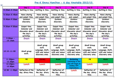 Six Day Time Table Pre Kindergarten
