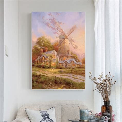 Home Decor Abstract Oil Painting Stone House Windmill Village