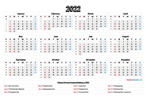 2022 Year Calendar Printable 