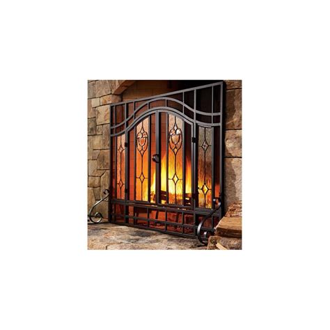 2 Door Floral Fireplace Fire Screen With Beveled Glass Panels Black Plow And Hearth Fireplace