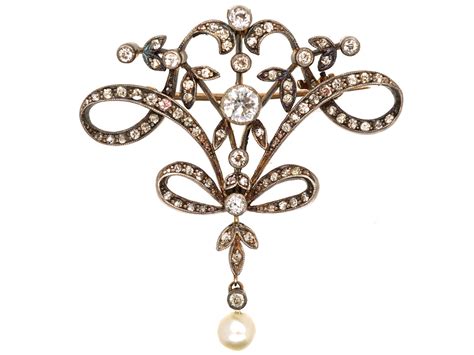 Art Nouveau Silver And 15ct Gold Diamond And Natural Pearl Brooch