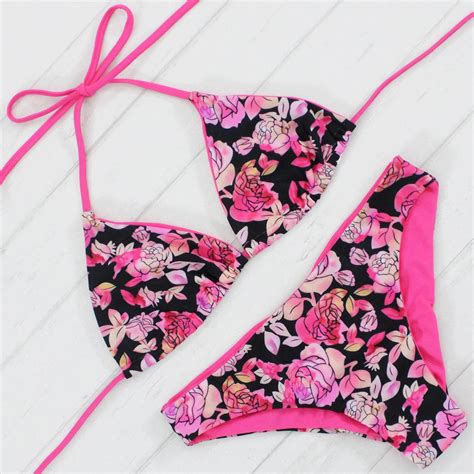 Brand 2017 Summer Floral Print Bikini Sexy Swimwear Women Pink Swimsuit Low Waist Bikinis Set