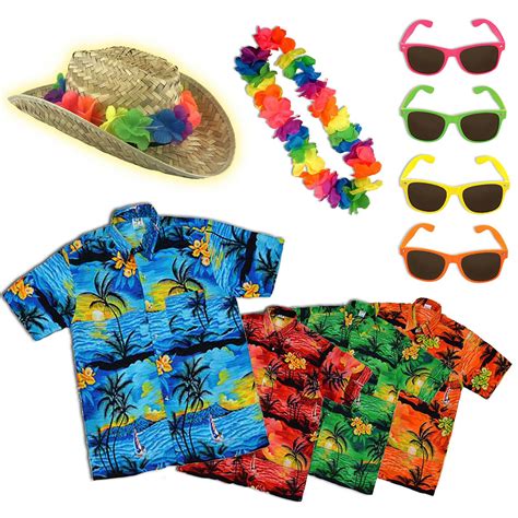 mens hawaiian summer shirt fancy dress costume straw hat glasses lei 4pc set ebay