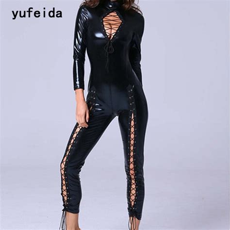 Yufeida Sexy Women Pu Leather Body Suit Latex Faux Leather