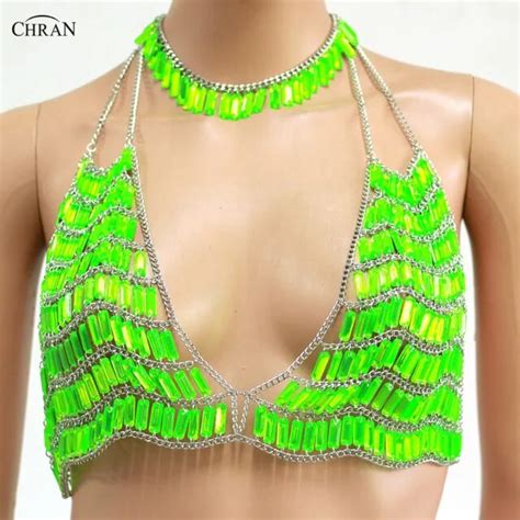 buy chran sexy crystal gem bead crop top chainmail bra choker necklace