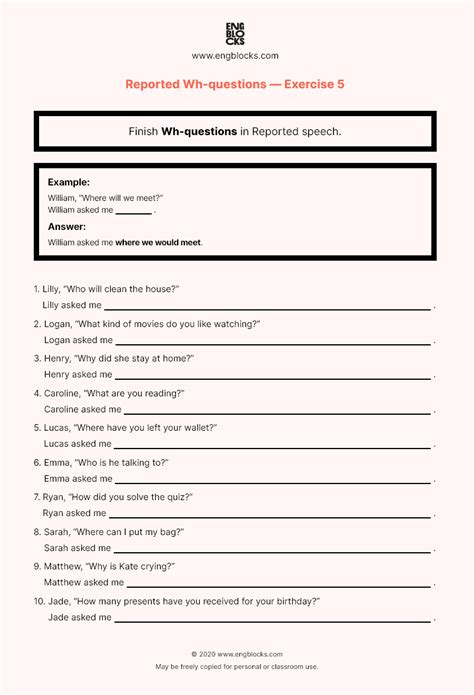 Reported Indirect Speech To Direct Speech Exercise Worksheet English Grammar Direct