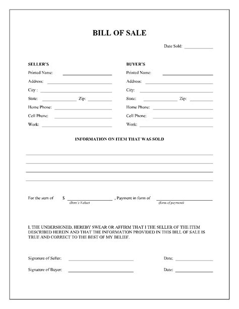 Printable general bill of sale template word