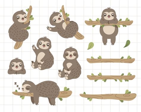 Sloth Clipart Cute Sloth Clip Art Sloth On Branch Clipart Etsy