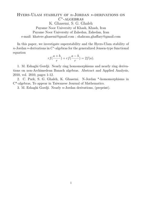 Pdf Hyers Ulam Stability Of N Jordan Derivations On C Algebras