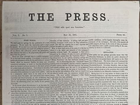 Old Newspaper Christchurch Press Vol 1 Vol 1 25 May 1861