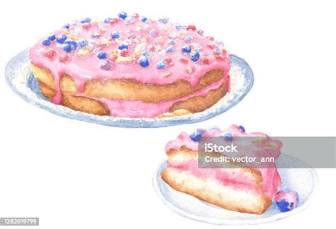 Kézzel Rajzolt Akvarell Finom Rózsaszín Piskóta Réteges Torta Mázzal És
