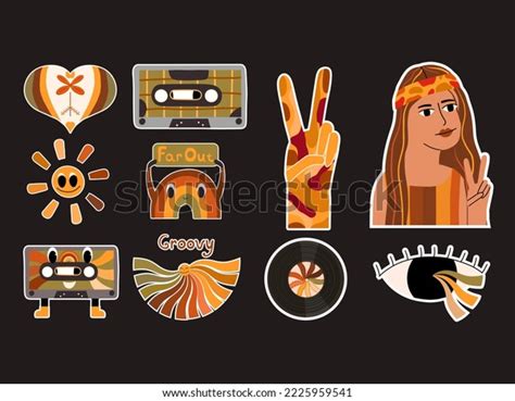 Set 60s 70s Aesthetics Stickers Collection Stock Vector Royalty Free