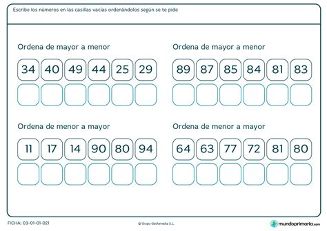 Ficha De Ordenar Los Números Para Primaria