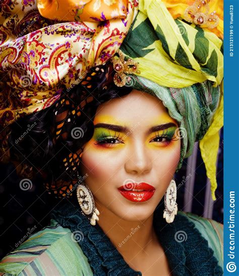 Beauty Bright Woman With Creative Make Up Many Shawls On Head L Stock