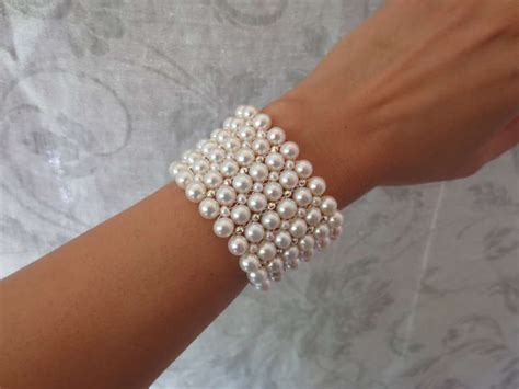 Multi Strand Woven Large Pearl Bracelet With Secure Rhodium Plated