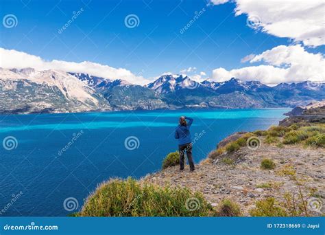 Woman Tourist Hiking Chile Travel Bertran Lake And Mountains
