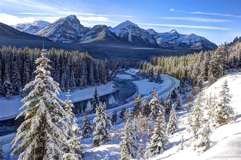 Pictures Banff Canada Bow River Nature Winter Mountains Snow Parks