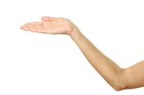 Mão feminina estendida mão de mulher gesticulando isolado no branco Foto Premium