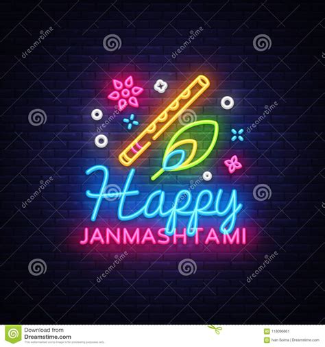 Happy Janmashtami Greeting Card Neon Vector Design Template. Neon Sign ...