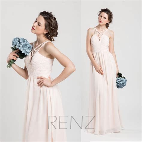 2015 Long Bridesmaid Dress Light Peach Wedding Dress Chiffon Pearls