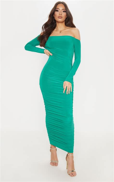 Green Bardot Slinky Ruched Midaxi Dress Prettylittlething