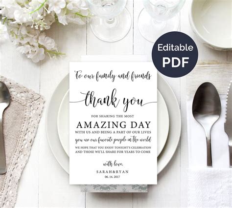 Wedding Thank You Note Template Wedding Table Thank You Etsy Thank