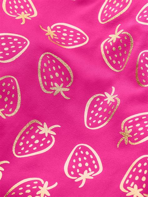 Mini Boden Girls Cross Back Foil Strawberry Print Swimsuit Fuchsia