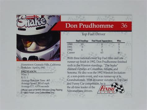 Don Prudhomme 1993 Finish Line Signed Nhra Top Fuel Driver Autographed