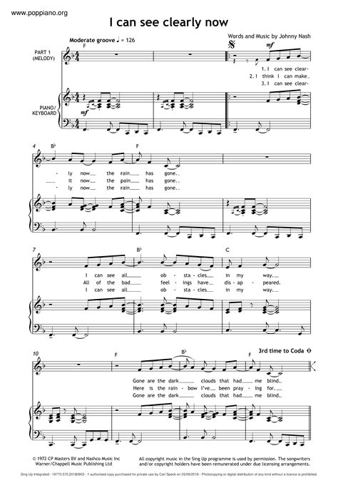 Johnny Nash I Can See Clearly Now Sheet Music Pdf Free Score Download