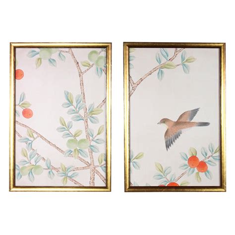 Hand Painted Chinoiserie Silk Wallpaper Newly Framed Sample Diptych 2