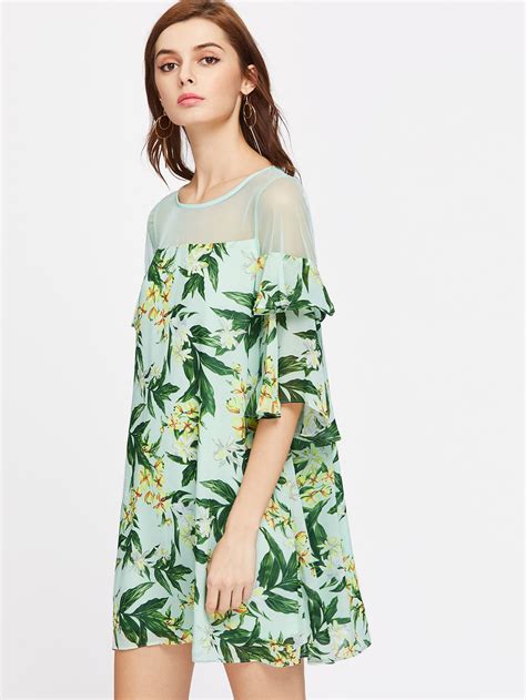 Palm Leaf Print Sheer Shoulder Ruffle Sleeve Dress Ruffle Sleeve Dress Short Summer Dresses