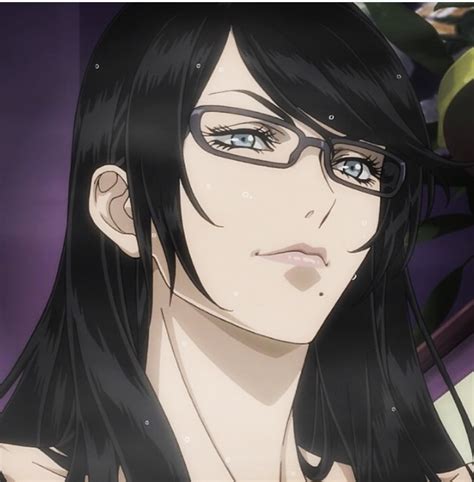 An Anime Character With Long Black Hair And Glasses Looking At The Camera While Staring Straight