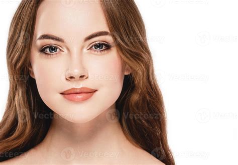 Beautiful Woman Face Close Up Portrait Happy Studio On White