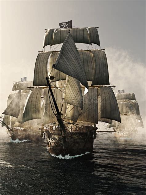Front View Of A Pirate Ship Fleet Piercing Through The Fog Stock