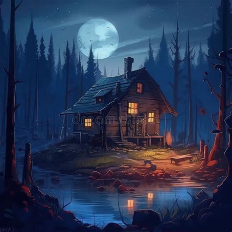 Wooden House In The Forest At Night Digital Painting Illustration